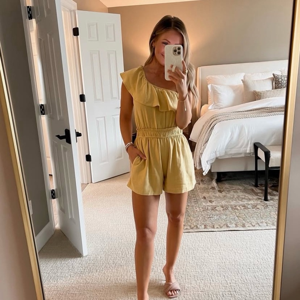 Apricot Lane x Ashley Donielle Yellow One Shoulder Ruffle Romper